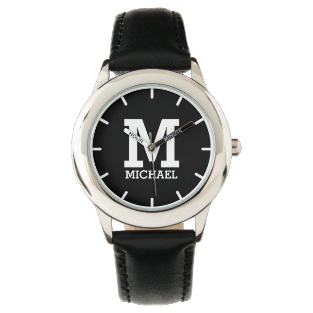 Custom Name and Monogrammed Bold Typography Black Watch (Front)