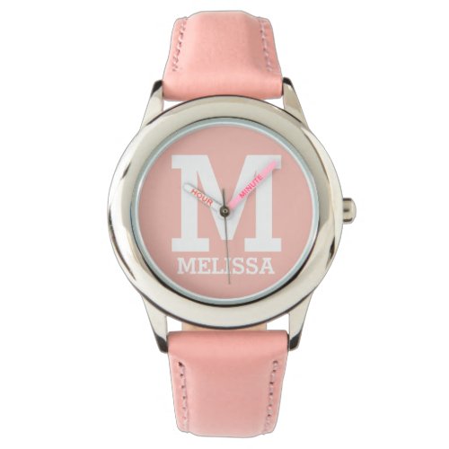 Custom Name and Monogrammed Bold Typography Pink Watch
