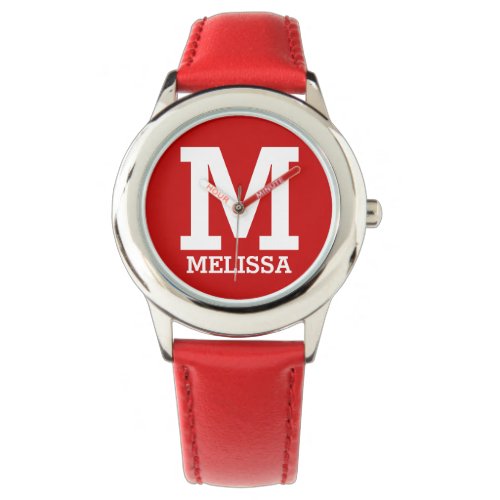 Custom Name and Monogrammed Bold Typography Red Watch