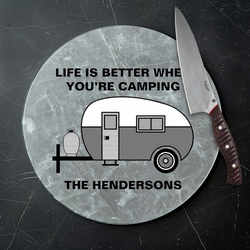 Custom Name and Phrase Cute Camper Camping Cutting Board