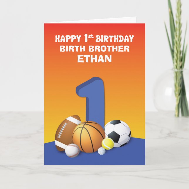 Custom Name and Relation Boy 1st Birthday Sports Card (Front)