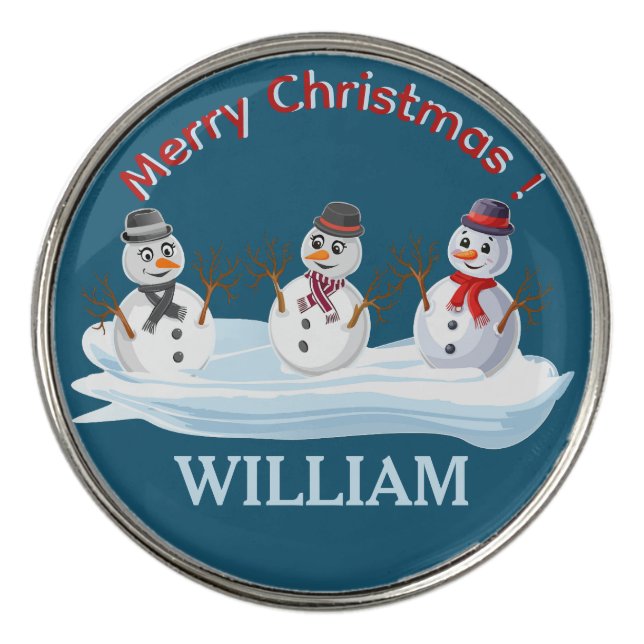Custom name and text Merry Christmas snowmen Golf Ball Marker (Front)