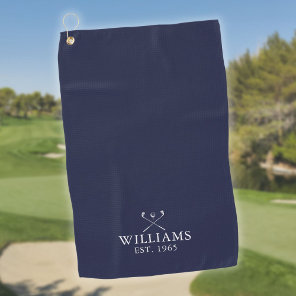 Custom Name And Year Golf Clubs Navy Blue Golf Towel