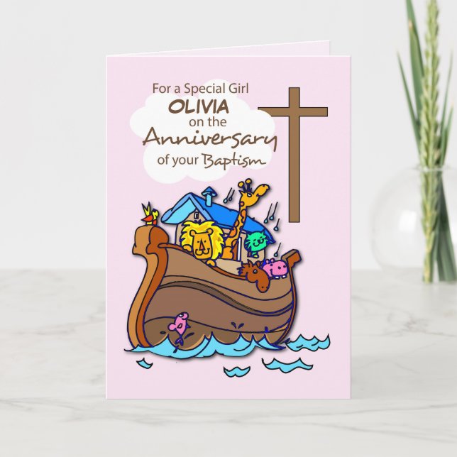 Custom Name Anniversary of Baptism Girl Noah's Ark Card (Front)