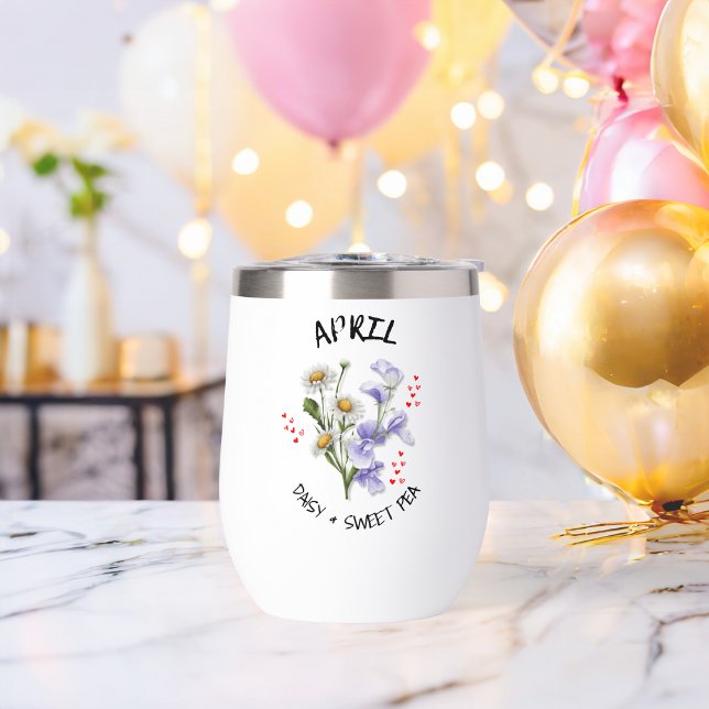 Custom Name APRIL Birth Month Flower Christian Thermal Wine Tumbler (Pretty APRIL birth month flower design on thermal wine tumbler with customizable name & Bible verse.)