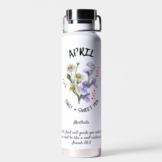 Custom Name APRIL Birth Month Flower Christian  Water Bottle (Back)