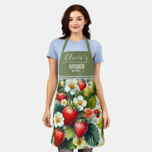 Custom Name Apron for Mom, Boho Floral Strawberry