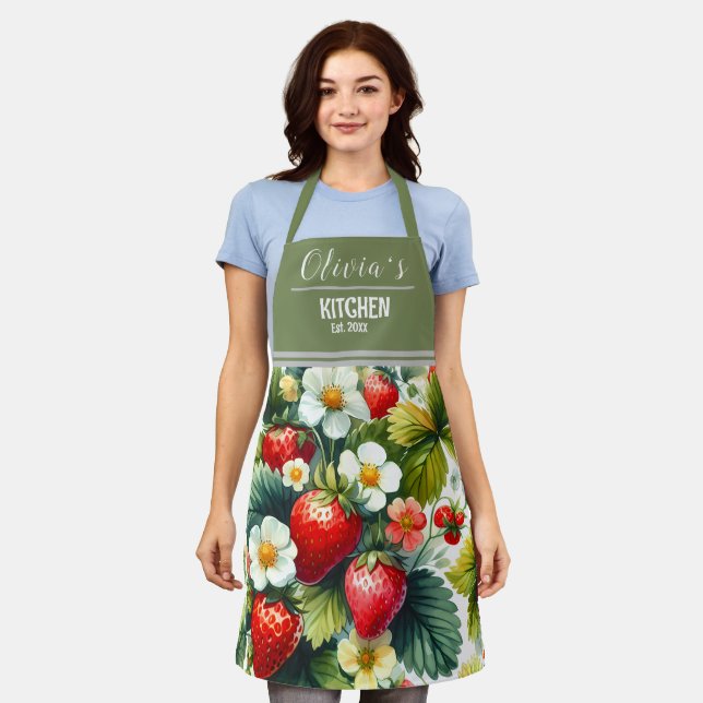 Custom Name Apron for Mom, Boho Floral Strawberry  (Worn)