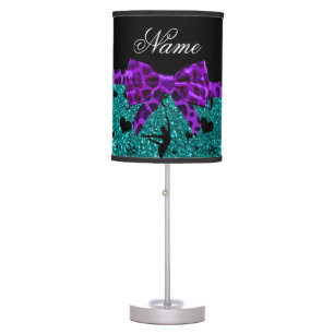 Custom name aqua glitter gymnastics purple bow table lamp