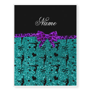 Custom name aqua glitter gymnastics purple bow temporary tattoos