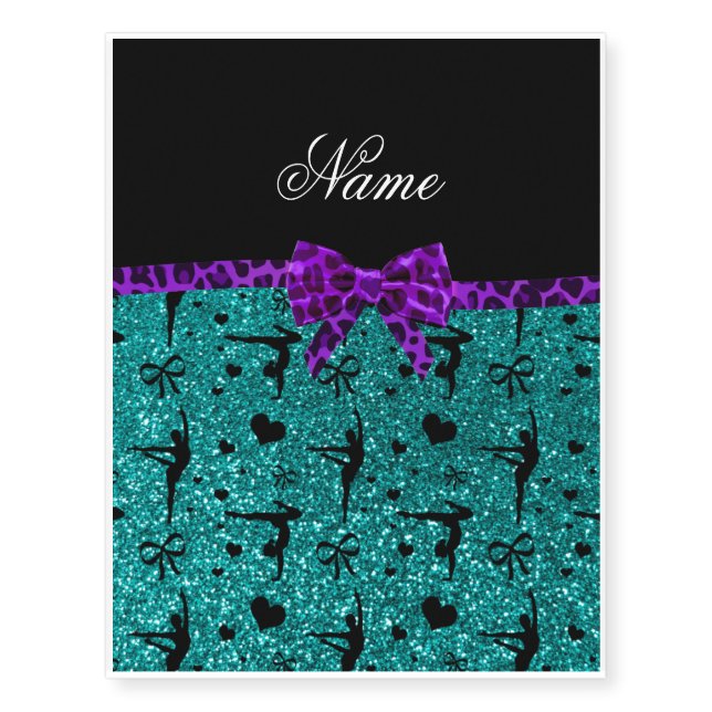 Custom name aqua glitter gymnastics purple bow temporary tattoos (Front)