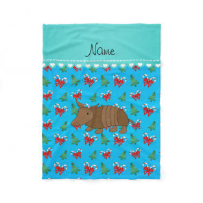 Custom name armadillo sky blue candy canes bows fleece blanket