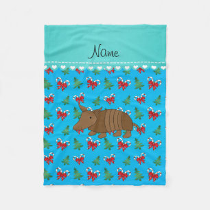 Custom name armadillo sky blue candy canes bows fleece blanket