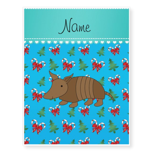 Custom name armadillo sky blue candy canes bows temporary tattoos (Front)