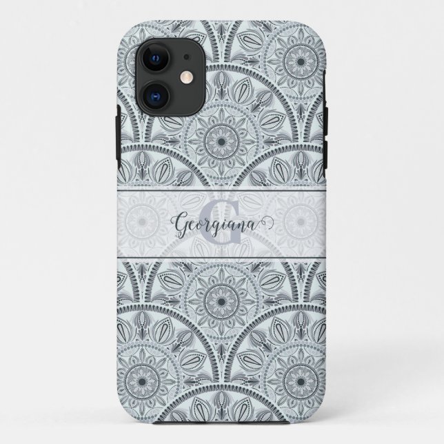 Custom Name Art Deco Floral Harmony Gray Mandala Case-Mate iPhone Case (Back)