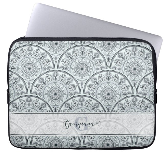 Custom Name Art Deco Floral Harmony Gray Mandala Laptop Sleeve (Front)
