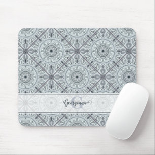 Custom Name Art Deco Floral Harmony Gray Mandala Mouse Pad