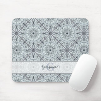 Custom Name Art Deco Floral Harmony Gray Mandala Mouse Pad