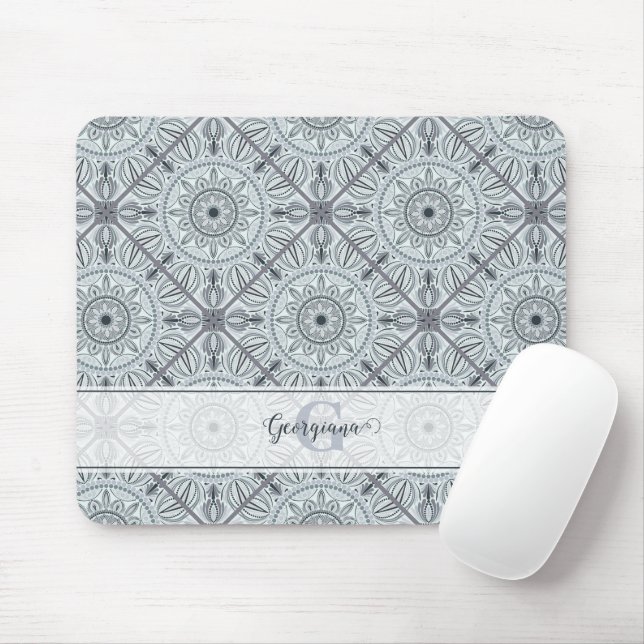 Custom Name Art Deco Floral Harmony Gray Mandala Mouse Pad (With Mouse)