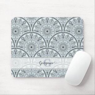 Custom Name Art Deco Floral Harmony Gray Mandala Mouse Pad