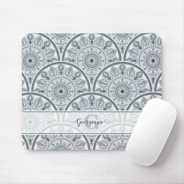 Custom Name Art Deco Floral Harmony Gray Mandala Mouse Pad (With Mouse)