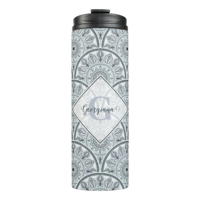 Custom Name Art Deco Floral Harmony Gray Mandala Thermal Tumbler (Front)