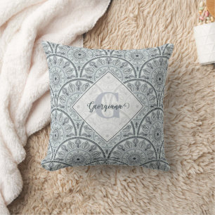 Custom Name Art Deco Floral Harmony Gray Mandala Throw Pillow