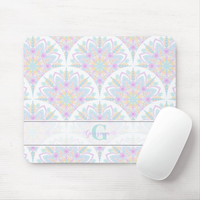 Custom Name Art Deco Pastel Rainbow Floral Mandala Mouse Pad (With Mouse)