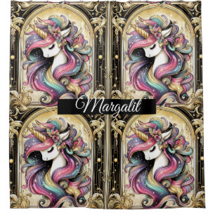 Custom Name Art Deco Rainbow Faux Glitter Unicorn Shower Curtain