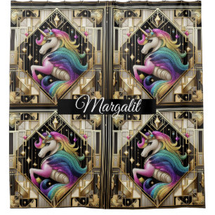 Custom Name Art Deco Rainbow Faux Glitter Unicorn Shower Curtain