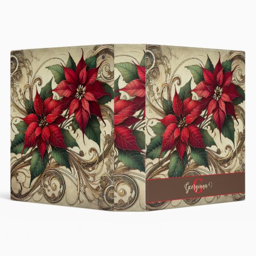 Custom Name Art Nouveau Christmas Poinsettia 3 Ring Binder