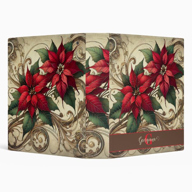 Custom Name Art Nouveau Christmas Poinsettia 3 Ring Binder (Background)