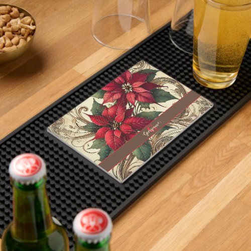 Custom Name Art Nouveau Christmas Poinsettia Bar Mat