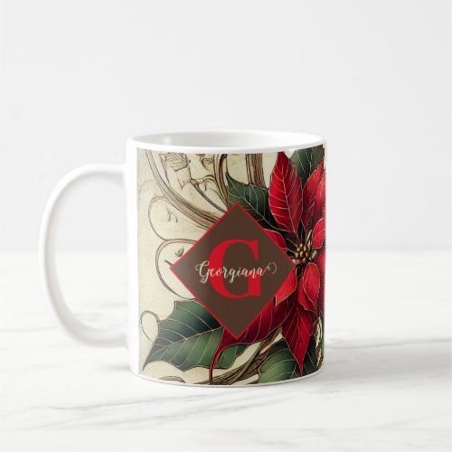 Custom Name Art Nouveau Christmas Poinsettia Coffee Mug