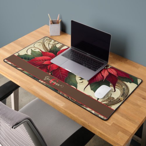 Custom Name Art Nouveau Christmas Poinsettia Desk Mat
