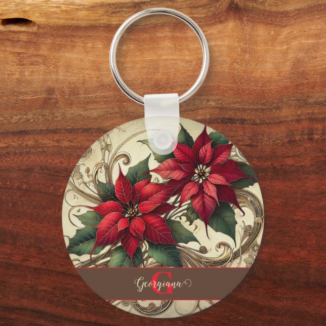 Custom Name Art Nouveau Christmas Poinsettia Keychain (Front)