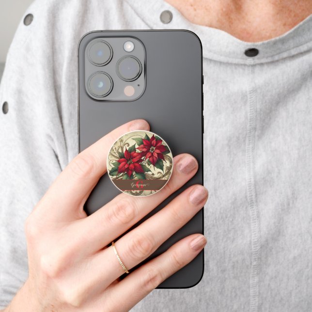 Custom Name Art Nouveau Christmas Poinsettia PopSocket (Hand)