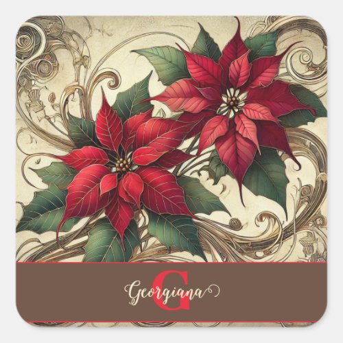 Custom Name Art Nouveau Christmas Poinsettia Square Sticker