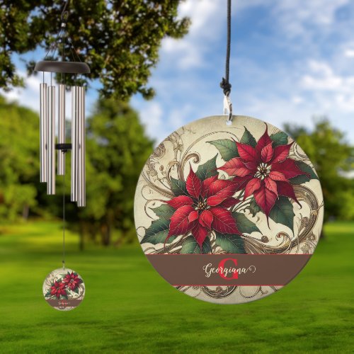 Custom Name Art Nouveau Christmas Poinsettia Wind Chime