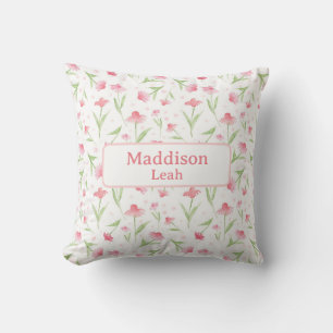Custom Name Art Watercolor Floral Pink Nursery Throw Pillow