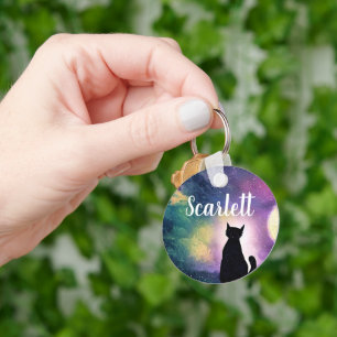 Custom Name Artistic Cute Cat Moon and Galaxy Keychain