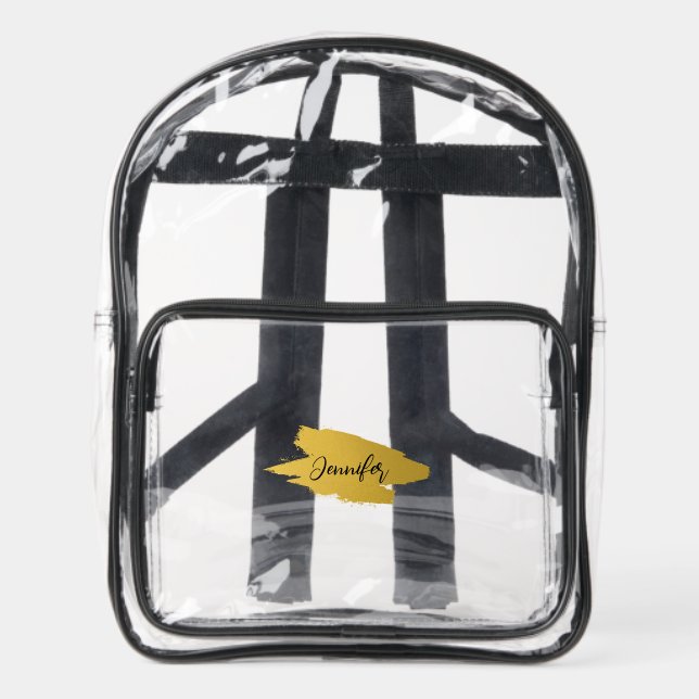 Custom name artsy gold frame and script clear backpack  (Front)