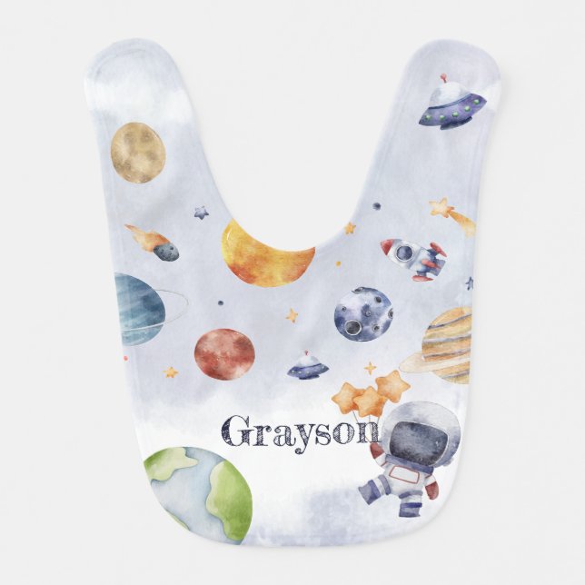 custom Name Astronaut Rocket Ship Space Baby Bib (Front)