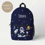 Custom Name Astronaut Space Planets Back to School Printed Backpack<br><div class="desc">Personalized Astronaut Space Planets Kids Backpack, Custom Kindergarten Toddler gifts,  Kids School Bag,  Monogram Backpacks for Girls Boys,  Birthday Gifts.</div>