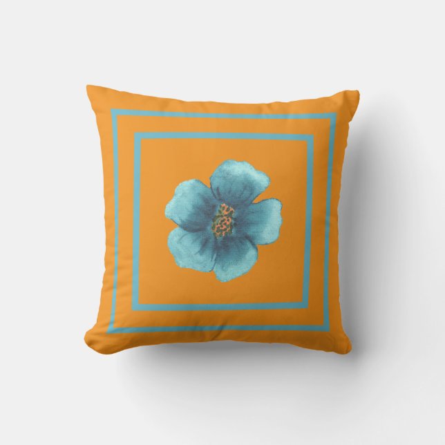 Custom name at back, Fall Bloom Blue Floral   Throw Pillow (Front)