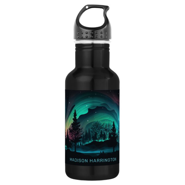 Custom Name Aurora Borealis Illustration Stainless Steel Water Bottle (Front)