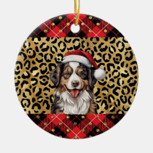 Custom Name Australian Shepherd dog Santa hat Buff Ceramic Ornament