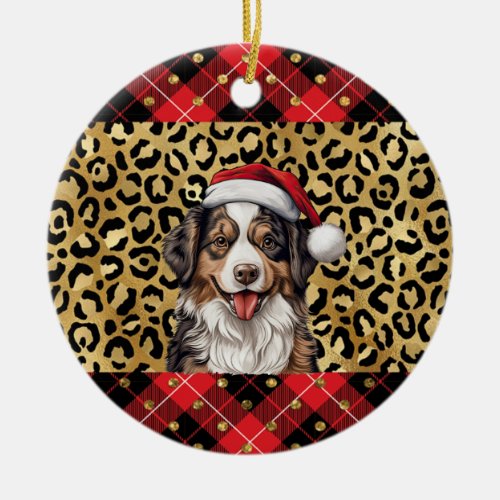 Custom Name Australian Shepherd dog Santa hat Buff Ceramic Ornament