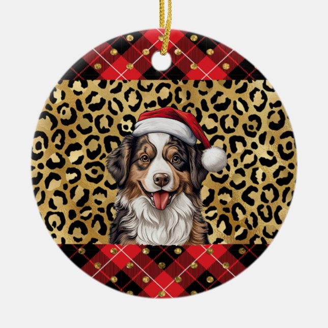 Custom Name Australian Shepherd dog Santa hat Buff Ceramic Ornament (Front)
