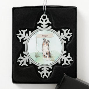 Custom Name Australian Shepherd Pet Dog Snowflake Pewter Christmas Ornament